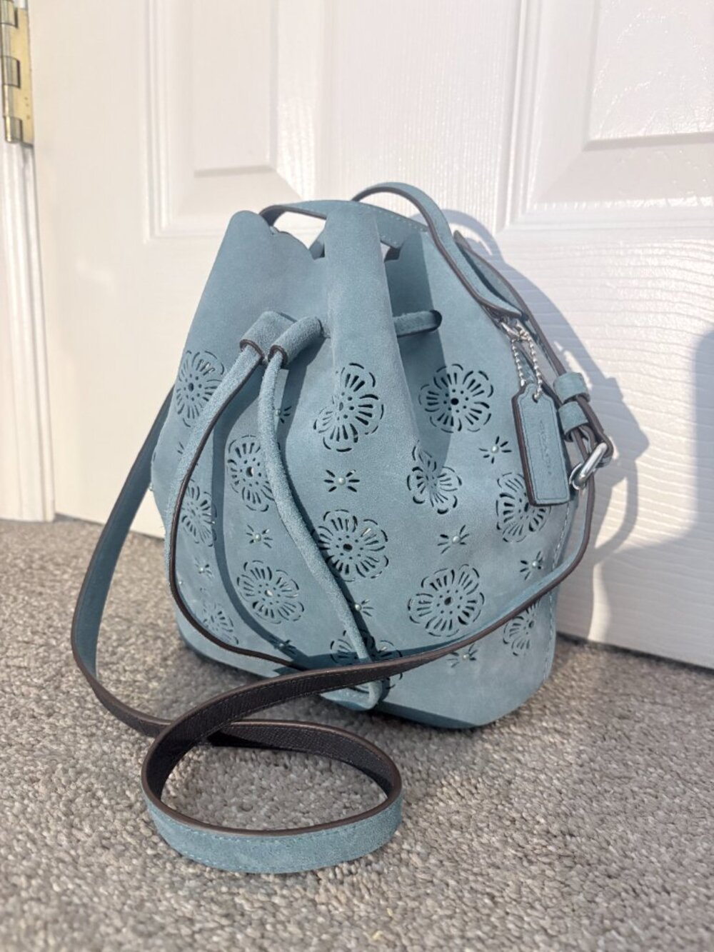 Coach Suede Bucket Bag 18 with Tea Rose Lasercuts Silver/Marine